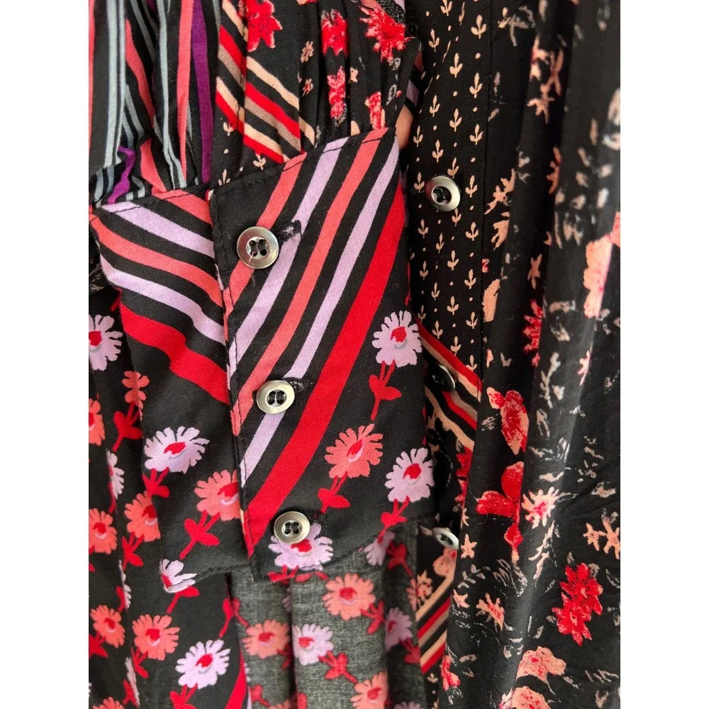 Free People Hazel Buttondown Black Combo Floral Stripe‎ Blouse XS Boho Top